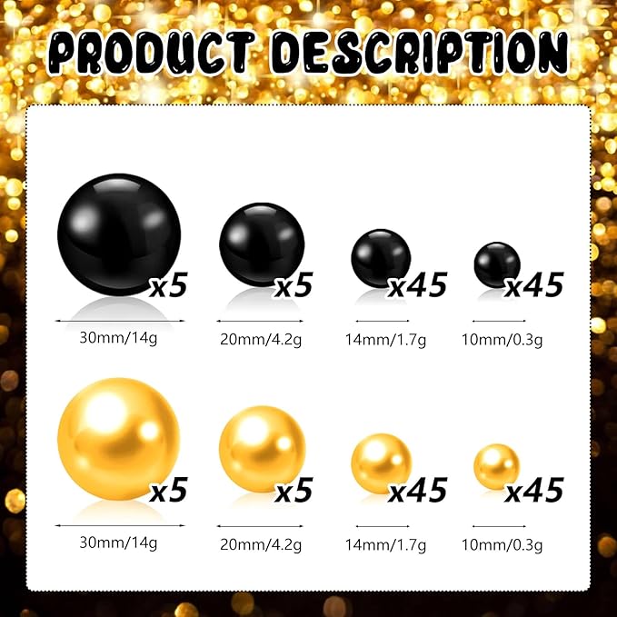 200PCS Black Gold Faux Pearls Beads for Centerpiece Vases, Vase Filler Faux Pearls, No Holes Filler Beads for Party Anniversary Birthday Wedding Table Decor, 10/14/20/30mm