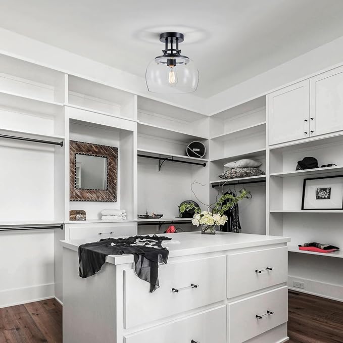 WUZUPS Chandelier Rustic Farmhouse Industrial Round Semi-flushmount Ceiling LED Light Fixture with Clear Glass Shades for Bathroom Kitchen Foyer Entryway, H 10" x W 10", E26 Base, Black