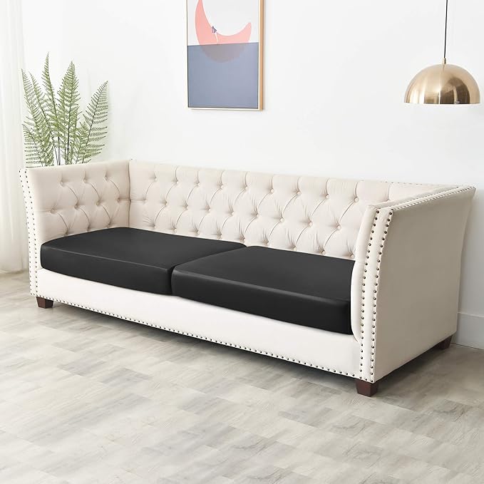 Yates Home PU Leather Couch Sofa Cushion Slipcover Water-Proof Elastic Chair RV Seat Covers Loveseat Sofa Furniture Protector Slip Cover for Settee Seater Replacement in Living Room（2 Pieces, Black