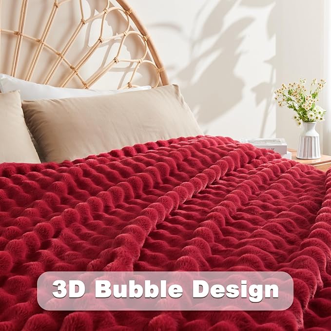 NEWCOSPLAY Faux Fur Throw Blanket Red Bubble Blanket Thick Warm Soft for Couch Sofa Bed 550GSM (Red, Throw(50"x60"))