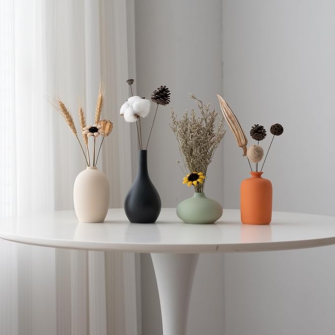 Small Ceramic Vase Set of 4 for Modern Home Decor, Minimalist Bohemian, Round Matte Vases for Dried Flowers&Pampas Grass, Office, Shelf, Living Room, Bedroom, Entryway Decor