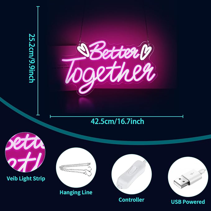 Neon Sign, HSJNJKFU Better Together Neon Signs for Wall Decor Pink Light Led Sign for Room Home Party Birthday Wedding Bar Signs - USB Powered