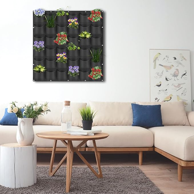 36 Pockets Hanging Planter Bags, Hanging Vertical Wall Mounted Plant Planting Grow Bags, Herb Garden Planter Outdoor Indoor Growing Bag, Gardening Vertical Greening Flower Container(1m×1m, Black)