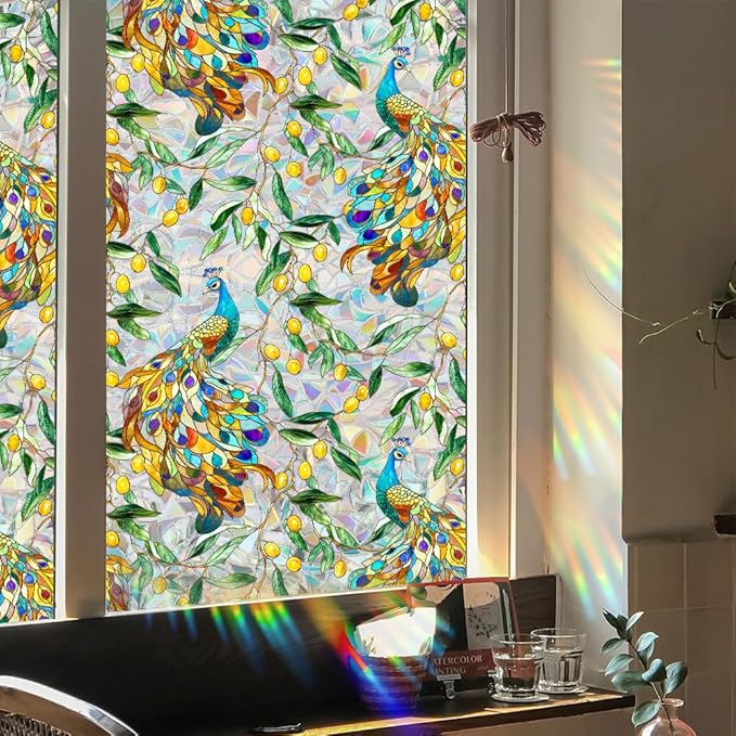 Stained Peacock Window Film Decorative Birds Flowers Static Glass Window Clings Stickers for Home Office Living Room Bedroom Glass Windows Door Decor 16.93 x 39.37 Inches