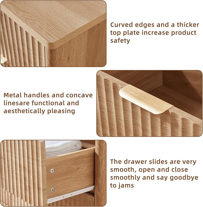 LEYAOYAO Fluted 5 Drawers Dresser for Bedroom Set of 2, 34" Tall Modern Chest of Drawers with Metal Handle, Curved Profile Design,Natural Wood Drawer Organizer for Bedroom, Living Room, Hallway