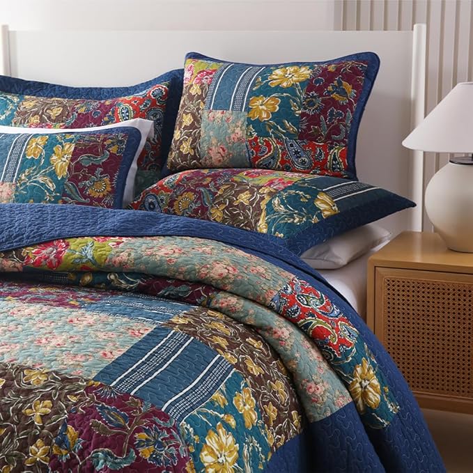 Cotton Bedspread Quilt Sets Reversible Bedding Coverlet Sets 3 Pieces Patchwork Blue Vintage Floral Paisley Bedspread, Queen Size