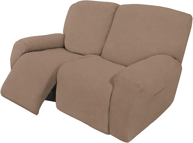 Easy-Going 6 Pieces Recliner Loveseat Stretch Sofa Slipcover Sofa Cover Furniture Protector Couch Soft with Elastic Bottom Kids, Spandex Jacquard Fabric Small Checks Camel