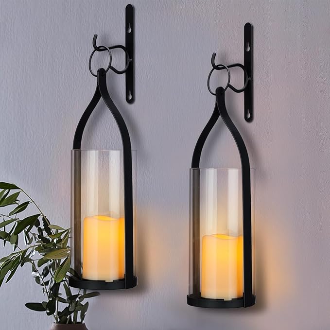 Metal Wall Sconce Candle Lantern Set of 2 - Black Wall Mounted Hanging Holder with Glass & Candles Vintage Wall Decor for Porch, Living Room, Dining Room, Bedroom Indoor Decor