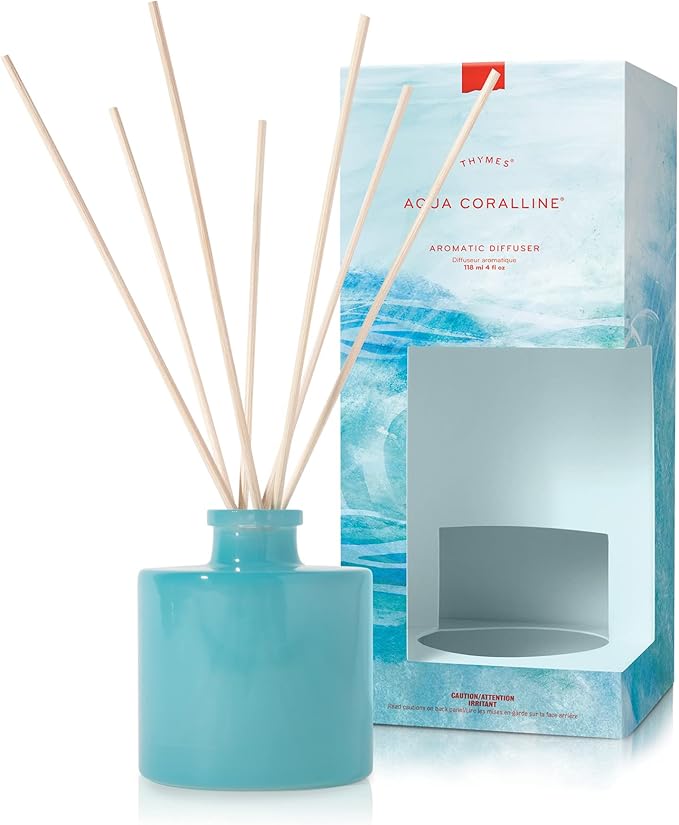 Thymes Petite Reed Diffuser Set – Includes Rattan Wood Sticks, Fragrance Oil, & Glass Bottle – Home Fragrance Oil Diffuser – Luxury Home Decor – Apartment Essentials (Aqua Coralline, 4 fl oz)