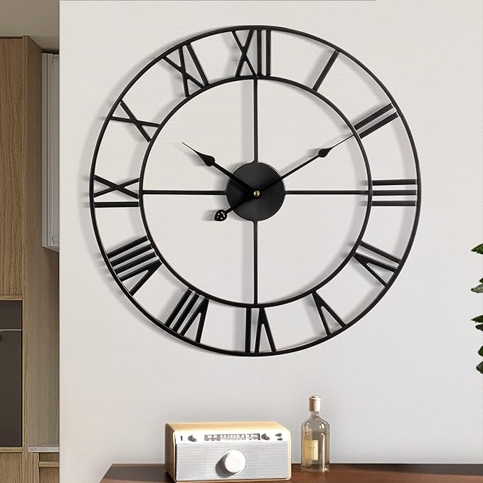 Large Wall Clock, Metal Retro Roman Numeral Clock, Modern Round Silent Wall Clocks, Easy to Read for Living Room/Home/Kitchen/Bedroom/Office/School Decor (Black, 18.5 Inch)
