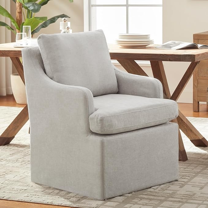 VKNOW Upholstered Dining Chairs, Modern Kitchen Chairs Dinner Chairs with 4 Casters, Linen Armchair for Bedroom Reading Room Living Room, Light Grey