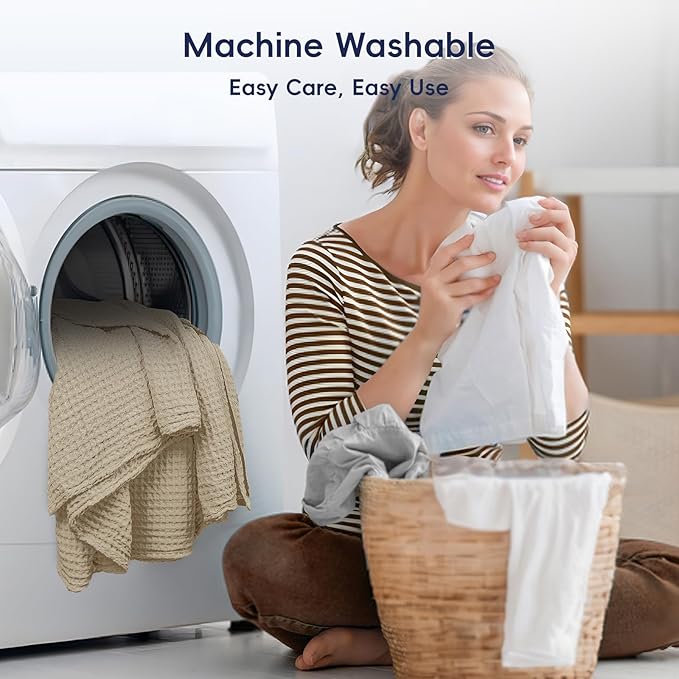 PHF Ultra Soft Waffle Weave Blanket Queen Size 90"x 90"- Washed Lightweight Breathable Cozy Woven Blanket for Bed - Aesthetic Decor for Couch Bedding Sofa Home Car - Khaki