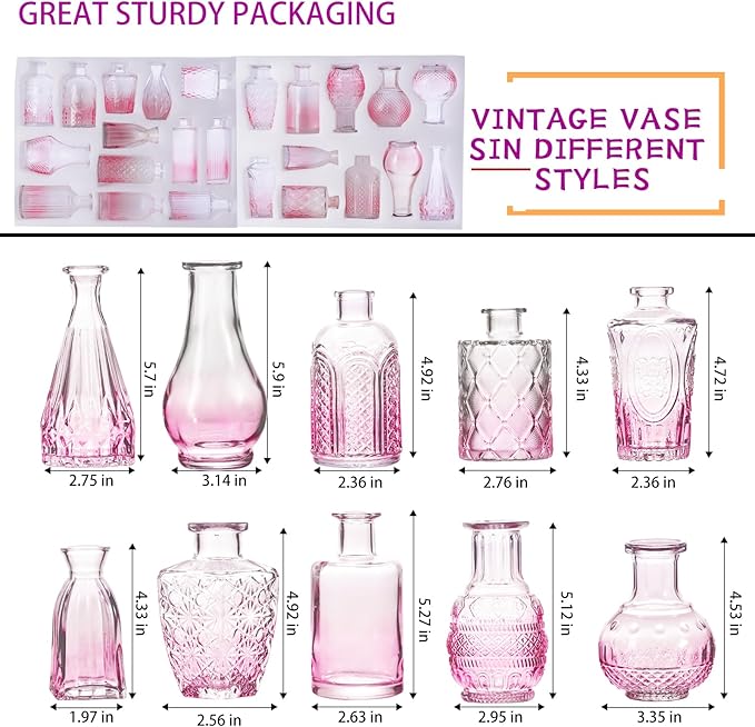 Ollieroo 24Pcs Glass Bud Vases Set, Small Pink Vases in Bulk for Flowers Arrangements, Floral Vintage Rustic Vase for Wedding Party Centerpiece Table Decorations, Entryways, Home