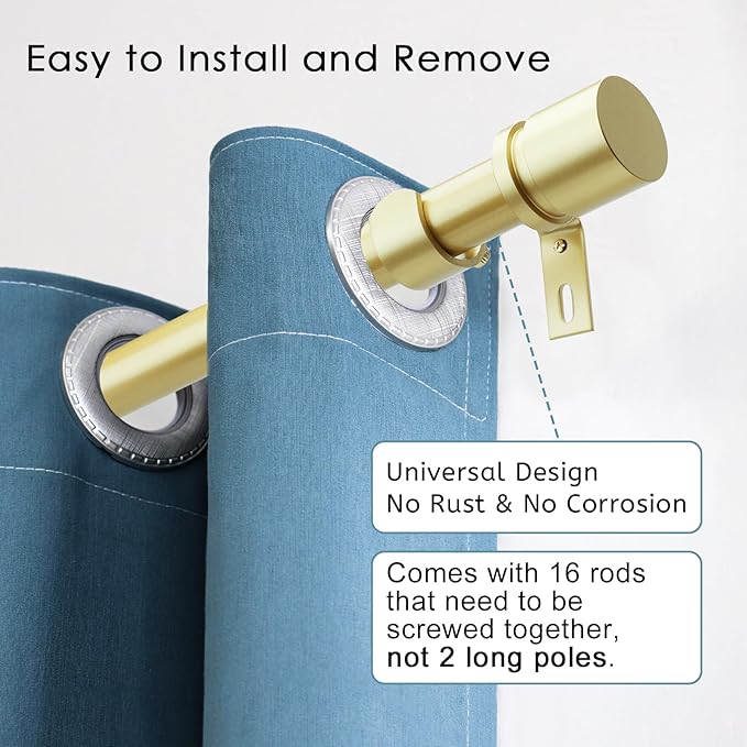 Curtain Rods for Windows 16 to 240 Inches Adjustable Length 1 Inch Diameter Window Curtain Rod with Aluminium Finials, Warm Gold