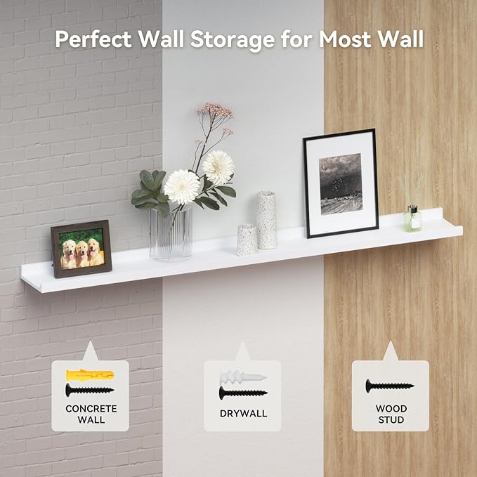 47.2 Inches Long Floating Shelves, 2 Set Modern Wall Shelf for Bedroom, Nursery Book Shelf with Lip, Picture Ledge Shelf for Wall Decor Living Room Bathroom Kitchen - White