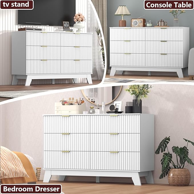 Fluted Dresser for Bedroom,6 Drawer Dresser for Closet,Storage Cabinet and Chest of Drawers with Gold Handle,TV Stand,Storage Organizer for Living Room,Hallway,Entryway,White