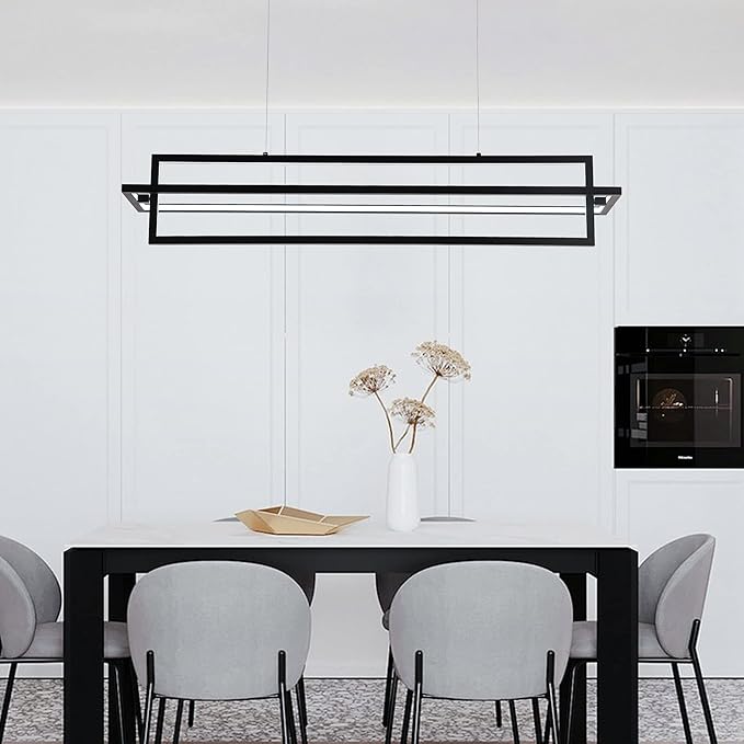Modern LED Linear Rectangle Chandelier Dimmable 35.4” Kitchen Island Lighting, Contemporary Hanging Linear Led Pendant Chandelier Light Fixture for Dining Room Hallway Bar Black