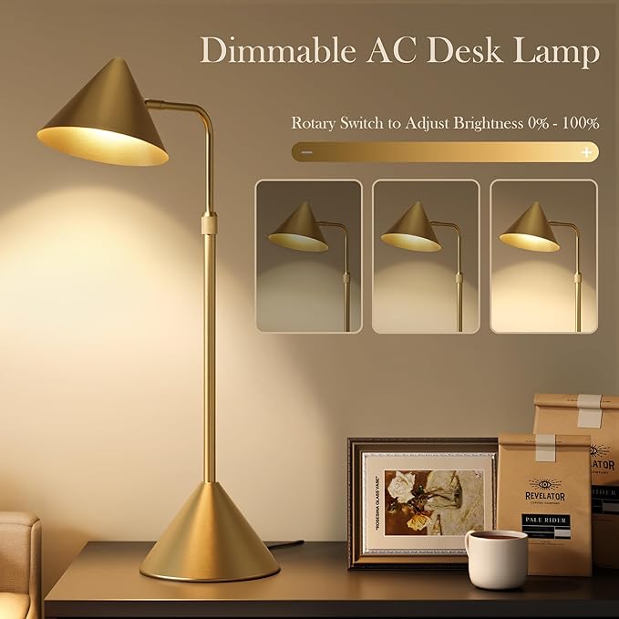 Metal Desk Lamp, 3000k Soft Light Modern Desk Lamp with Dimmer Switch, Adjustable Lighting with Swivel Arm Reading Lamp for Bedside Table, Office Desk, Task Light, Living Room(Gold)