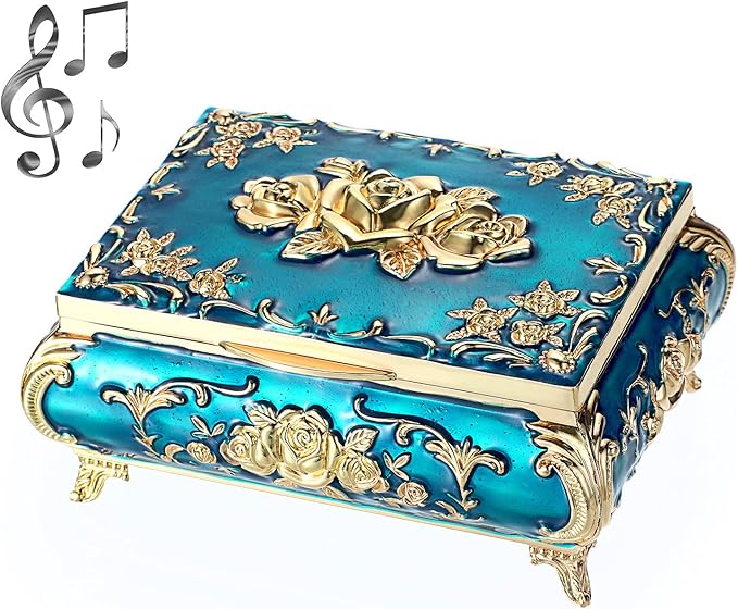 ELLDOO Vintage Music Box, Blue Metal Musical Jewelry Box Keepsake Box, Small Trinket Jewelry Storage Box Gift for Girl Women (Tune: You are My Sunshine)