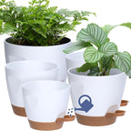 Uneed Indoor Self Watering Planters with Drainage Holes and Saucers, 7/6.5/6/5.5/5 Inch-5 Pots,for Indoor Plants, Herbs, Succulents (White)