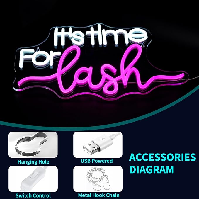 It's Time For Lash Neon Sign, JGHTURIE Led Neon Signs for Wall Decor Pink Light Up Sign for Lash Salon Preppy Girls Beauty Makeup Room Nails Hair Bar Signs Gift USB Powered