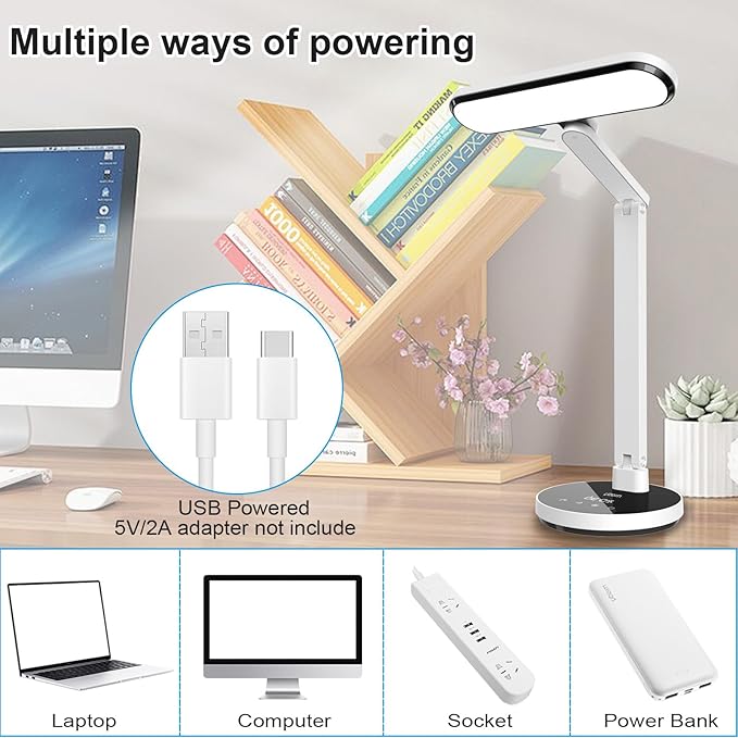 Miady LED Desk Lamp Stepless Dimming for Office Home, 15/30/45 Minutes Auto-Off Timer, 6 Lighting Brightness Levels with Adjustable Arm, Eye-Caring Reading Light for Table Bedroom Study