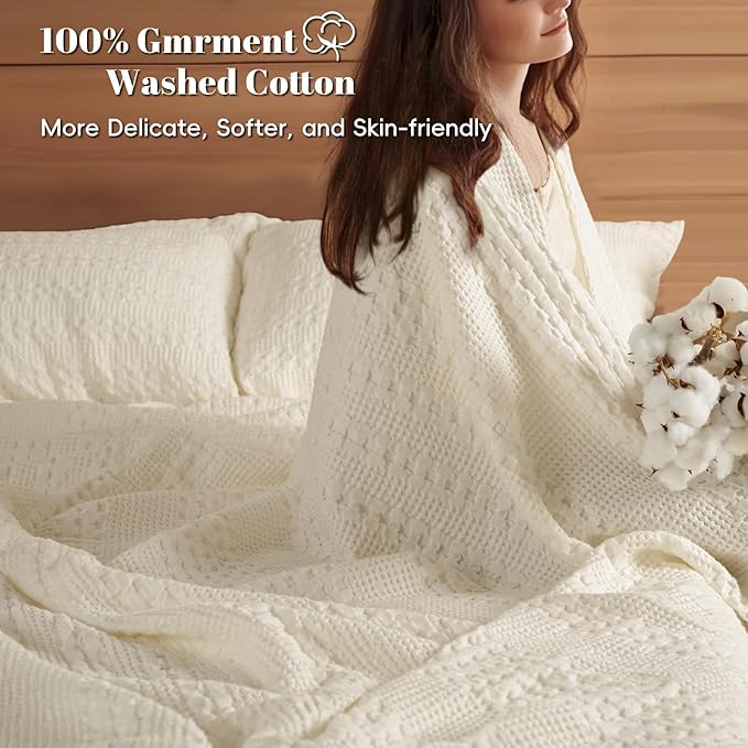 PHF 100% Cotton Waffle Weave Blanket King Size, Soft Lightweight Breathable Cozy Summer Blankets for Bed, Luxury Aesthetic Woven Bedding for Home Decor, 108"x90", Cannoli Cream