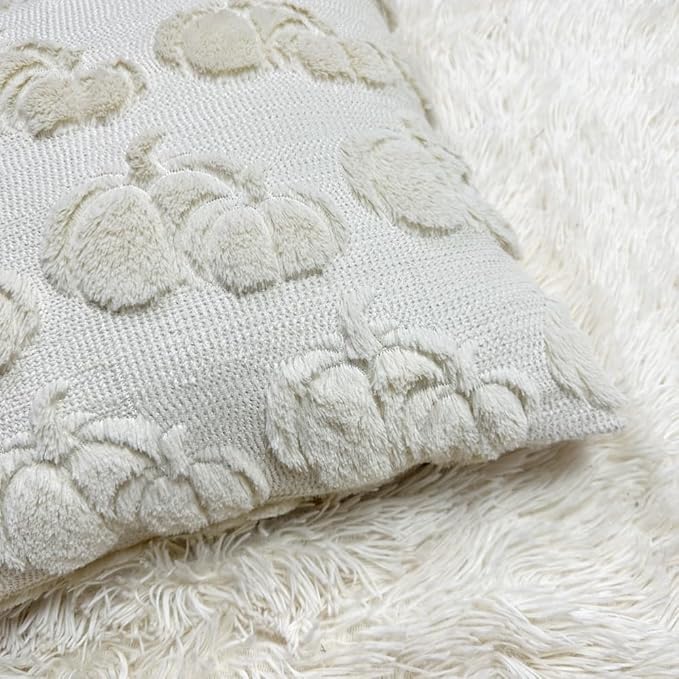 Booque Valley Fall Decorative Pillow Covers Set of 2 Soft Plush Faux Fur Wool Pumpkin Throw Pillowcases for Autumn Halloween Farmhouse Home Decor, 20 x 20 inch, Beige