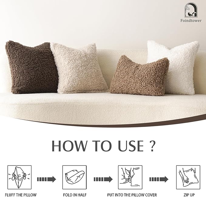 Foindtower 2 Pieces 24x24 Inch White, Faux Fur Throw Pillow Cover Accent Sherpa Pillow Fuzzy Soft Pillowcases Sheepskin Decorative Fleece Cushion Case for Bed Couch Living Room