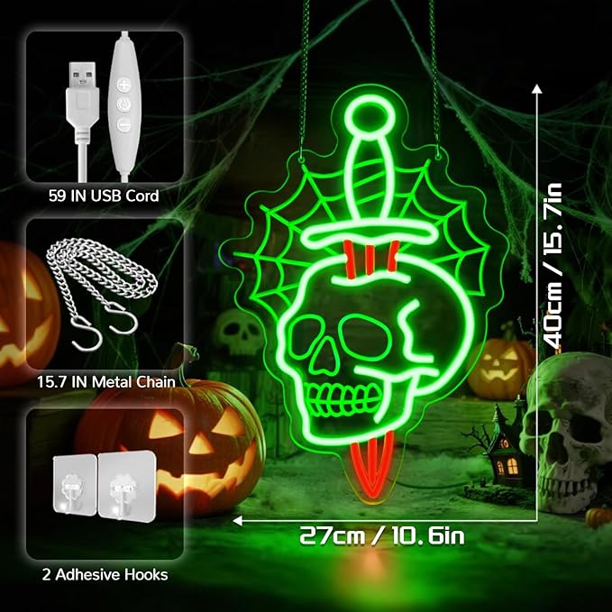 Halloween Skull Neon Sign with Dagger & Web Design,Skull Neon Sign For Halloween,Spooky LED Wall Light for Halloween Party Decor,Gothic Horror Neon Skull Light for Bar,Bedroom,Man Cave
