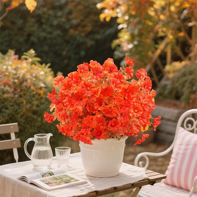 2 Bundles Artificial Eucalyptus Morning Glories with Ground Spikes,21.65 Inch Artificial Fall Flowers Faux Mums, UV Resistant Faux Shrubs Fake Mums for Outdoor Garden Fall Decor(Orange)