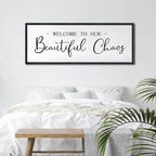 Welcome To Our Beautiful Chaos Sign Wall Decor Framed Wood 32X12 Inch For Rustic Home Living Room Entryway Bedroom Hanging Art (Black)