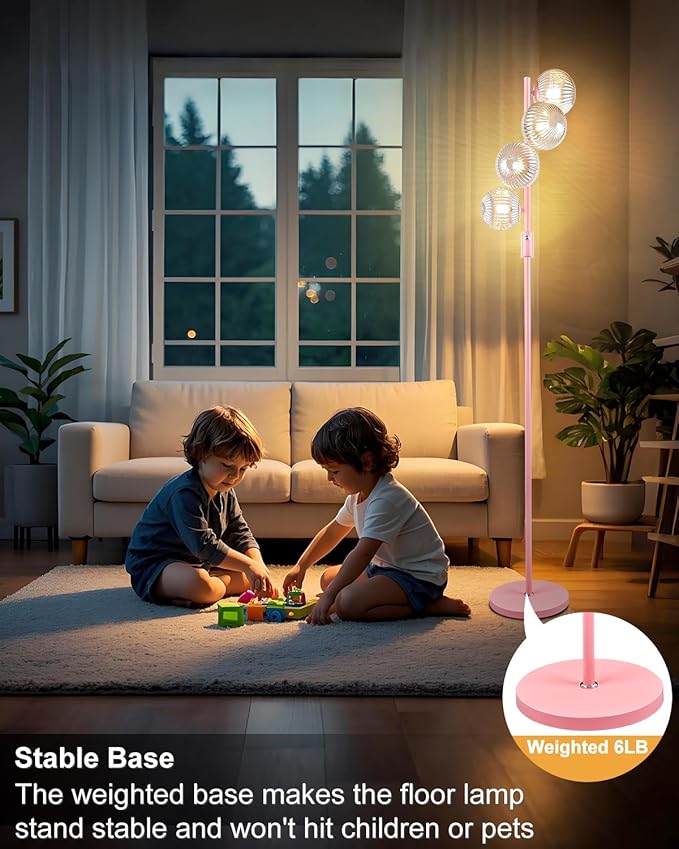 Lightdot 64IN Dimmable Floor Lamp with Globe Clear Glass Shade, Modern Pink Standing Lamps with 4PCS 3000K G9 Bulbs Soft Warm White Eye Care, Mid Century Floor Lamp for Living Room Bedroom