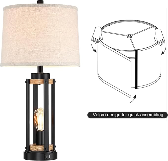 Farmhouse Table Lamps for Living Room Set of 2, 26” Rustic Beside Lamps with USB Charging Ports and Night Light, Bedroom Nightstand Lamp Vintage Reading Lamps for End Table,Bulbs Included