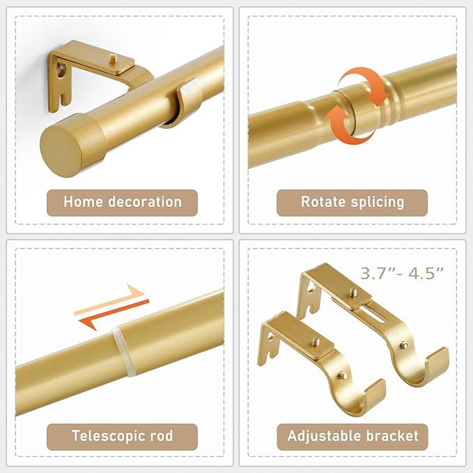 Gold Curtain Rod Adjustable,40-88 Inch Extra Wide Heavy Duty Telescoping 1 Inch Diameter Metal Window Rod Extendable Mounting Brackets Luxurious Gold Finish Home Decor Easy Install Wide Windows Large