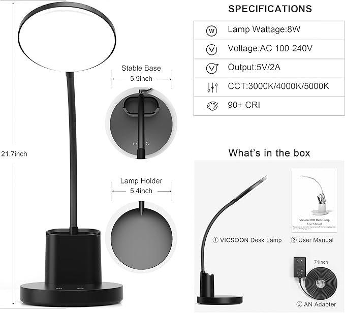Desk Lamp, LED Desk Lamp for Home Office, Touch Table Lamp with 3 Color Modes 360° Adjustable Arm, Dimmable Desk Light with Pen Phone Holder, Black