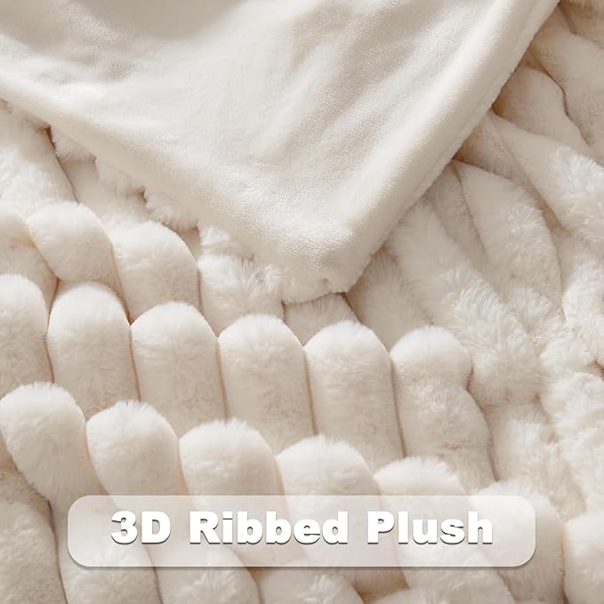 NEWCOSPLAY Faux Fur Throw Blanket Ivory 3D Ribbed Plush Thick Warm Blanket for Couch Sofa Bed 850GSM (Ivory Ribbed, Throw(50"x60"))