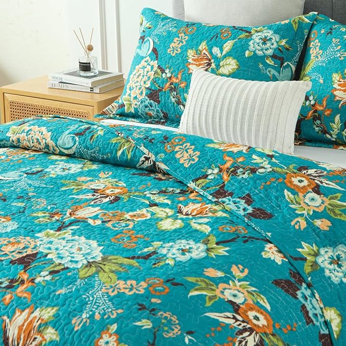 ENASAL Cotton Bedspread Quilt Sets Reversible Bedding Coverlet Sets Comforter, Vintage Floral Farmhouse Pastoral Turquoise Bedspread, Queen Size