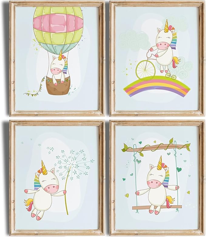 Unicorn Wall Decor Art Prints (Set of 4) - Unframed - 11x14 | Girls Room Decor | Enchanting and Whimsical Design | Adding Fantasy and Charm to Kids' Rooms or Nurseries | Wall Art for Unicorn Lovers