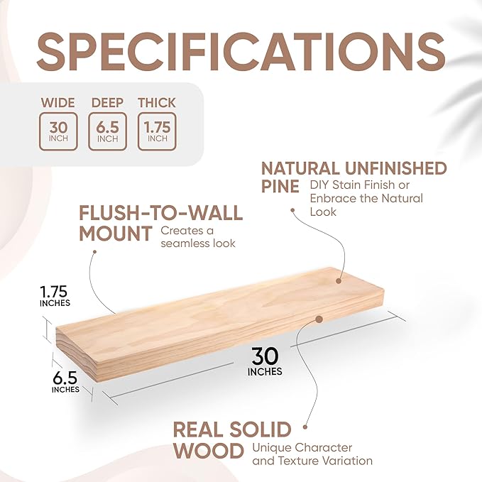 Homeforia 30 inch Wood Floating Shelves, High End Solid Natural Wood 30inch Floating Shelf for Wall, Unfinished Wooden 30 inches Floating Shelves, Heavy Duty Bracket, 30 X 6.5 X 1.75 in, Set of 3