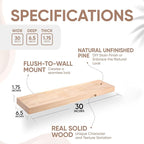 Homeforia 30 inch Wood Floating Shelves, High End Solid Natural Wood 30inch Floating Shelf for Wall, Unfinished Wooden 30 inches Floating Shelves, Heavy Duty Bracket, 30 X 6.5 X 1.75 in, Set of 3