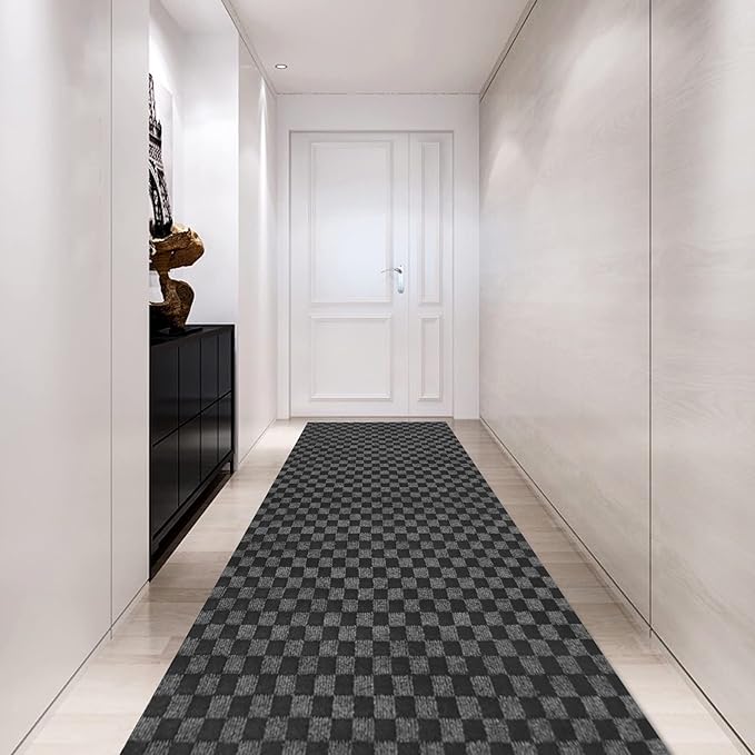 Custom Size Backed Non-Slip Area Rugs Runner, Easy Clean, Waterproof Runner Rugs for Hallway Entryway, Kitchen, Laundry, 3FT x 24FT, Gray Checkered