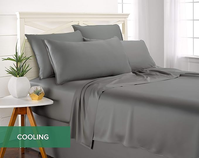 Queen Sheets by Pure Bamboo, Genuine 100% Organic Viscose Derived from Bamboo Bed Sheet Set, Luxuriously Soft & Cooling, Double Stitching, Lifetime Quality Promise (Queen, Stone Grey)