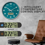 Wall Clock, 14" Large Dial Non-Ticking Silent Battery Operated Analog with LCD Display for Perpetual Calendar and F° Temperature, Ideal Modern Home, Bedroom, Kitchen, Office Decor(Green)