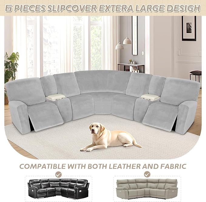 Arfntevss Sectional Recliner Couch Covers Velvet Washable Corner Sectional Sofa Cover for Reclining Couch Stretch Soft Thick L Shape Recliner Slipcover Set (5 Seat with 2 Console Cover, Silvery Gray)