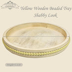 Round Wood Serving Tray with Beads, Yellow Washed Wooden Decorative Tray for Entertaining, Decoration, and Gifting