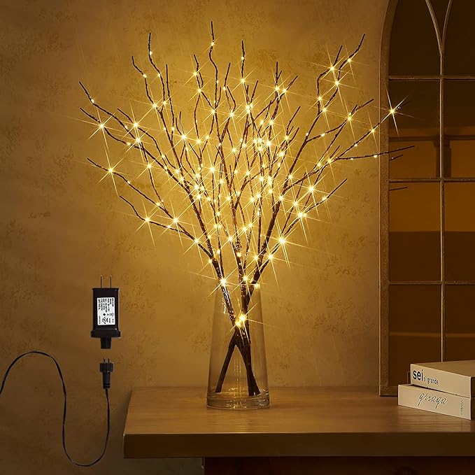 Fudios Lighted Twigs and Branches for Vases Plug in 32in Tall,Brown Willow Tree Branches with Lights 150 LED Outdoor Indoor Holiday Party Decor Gift 2Sets