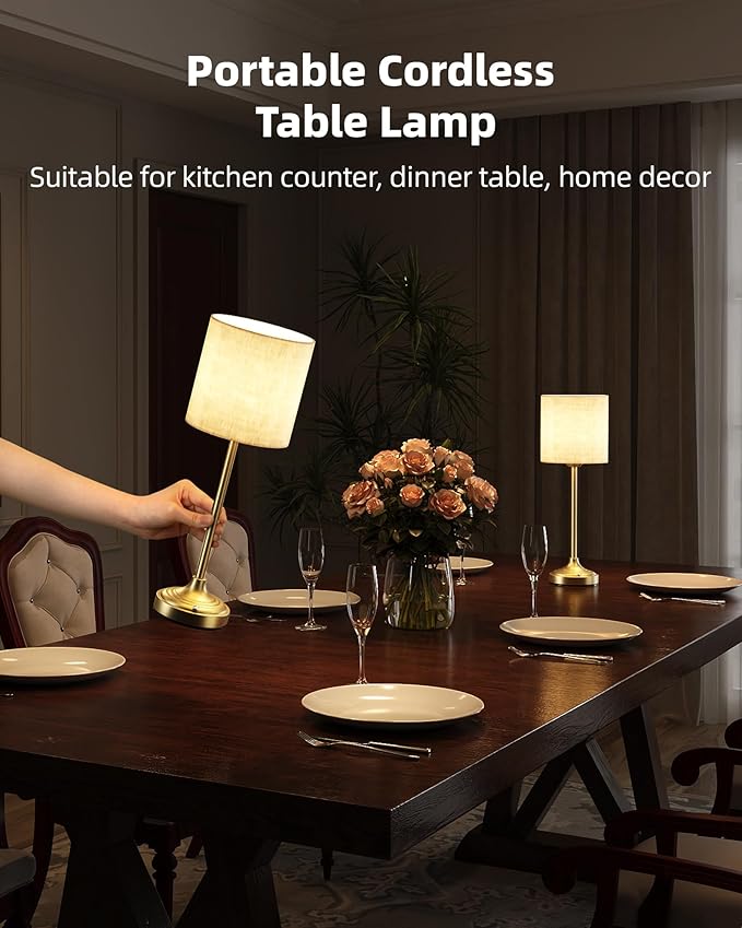 Battery Operated Lamp, 8000mAh, Dimmable, 2700K, Touch Control, Portable, Small, LED, Wireless, Rechargeable, Cordless, Desk Lamp, Kitchen Lamp, Fabric Shade, for Dining Room, Bedroom, Living Room