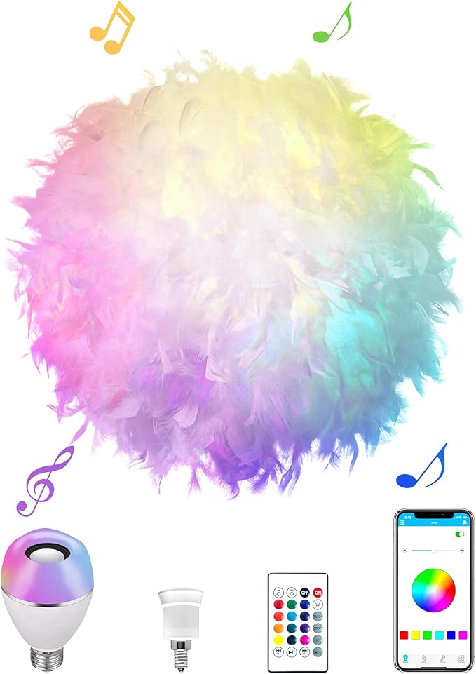 Star Vision Feather Lamp with Smart Light Bulb, Bluetooth Speaker & APP Control, Dimmable RGB LED Light,19.7inches, White