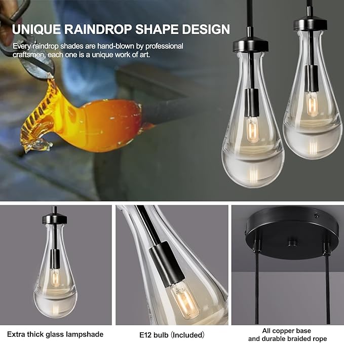 Modern Raindrop Pendant Lights, Black Cluster 2-Light Pendant Lights Kitchen Island, Bronze Bedside Pendant Lighting, Adjustable Suspension Cord for Dining Room,Bathroom,Bedroom,Bulb Included